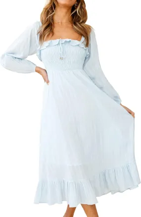 R.Vivimos Women's Linen Fall Long Sleeves Stripes Ruffled Boho Casual A-Line Flowy Midi Dresses