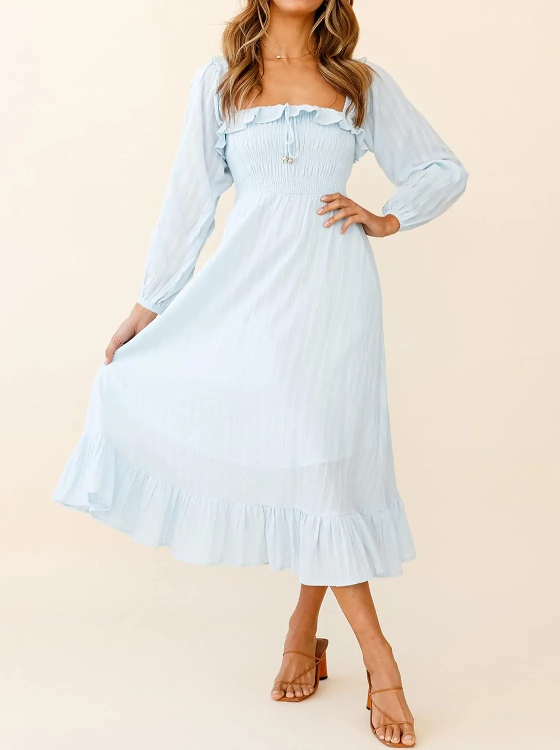 R.Vivimos Women's Linen Fall Long Sleeves Stripes Ruffled Boho Casual A-Line Flowy Midi Dresses
