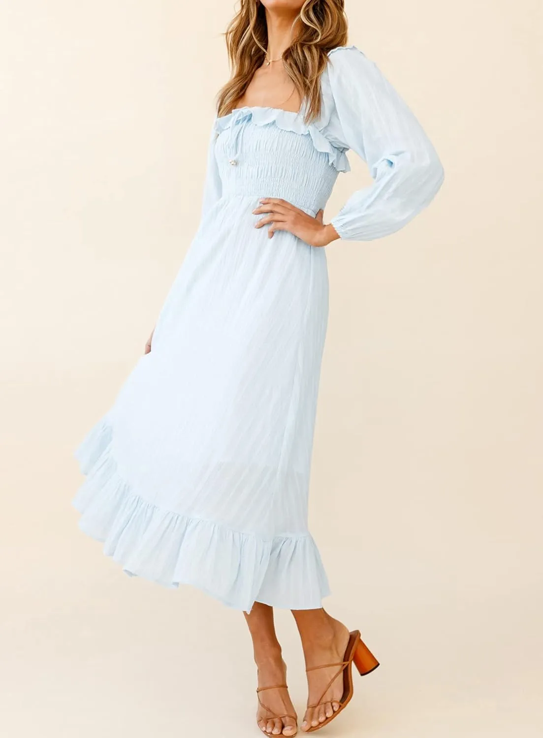 R.Vivimos Women's Linen Fall Long Sleeves Stripes Ruffled Boho Casual A-Line Flowy Midi Dresses
