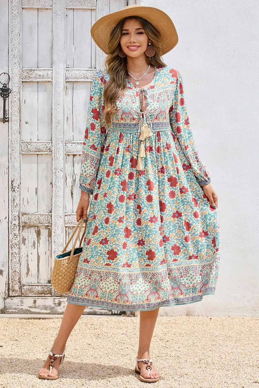 R.Vivimos Women's Long Sleeve Floral Print Retro V Neck Tassel Bohemian Midi Dresses