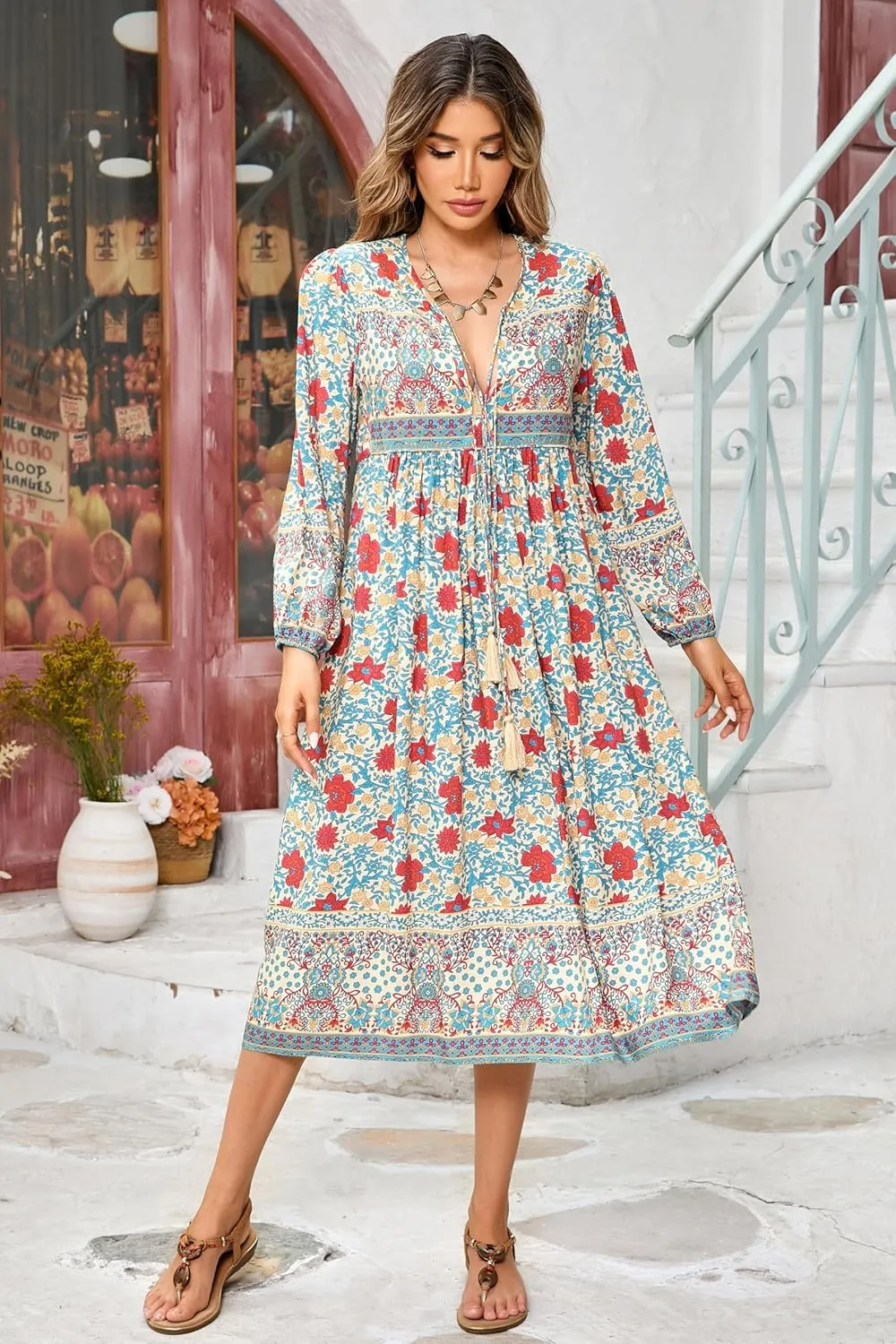 R.Vivimos Women's Long Sleeve Floral Print Retro V Neck Tassel Bohemian Midi Dresses