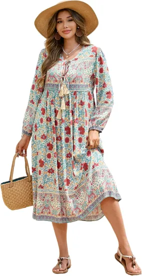 R.Vivimos Women's Long Sleeve Floral Print Retro V Neck Tassel Bohemian Midi Dresses