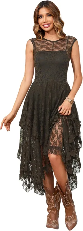 R.Vivimos Womens Sleeveless Backless Asymmetrical Layered Lace Long Dress with Slip Two Pieces