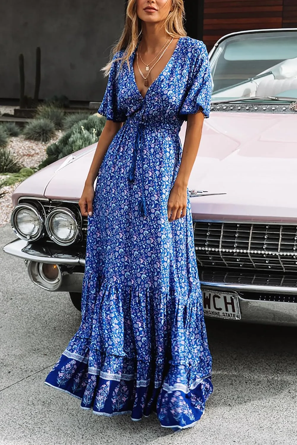 R.Vivimos Womens Summer Cotton Short Sleeve V Neck Floral Print Casual Bohemian Midi Dresses