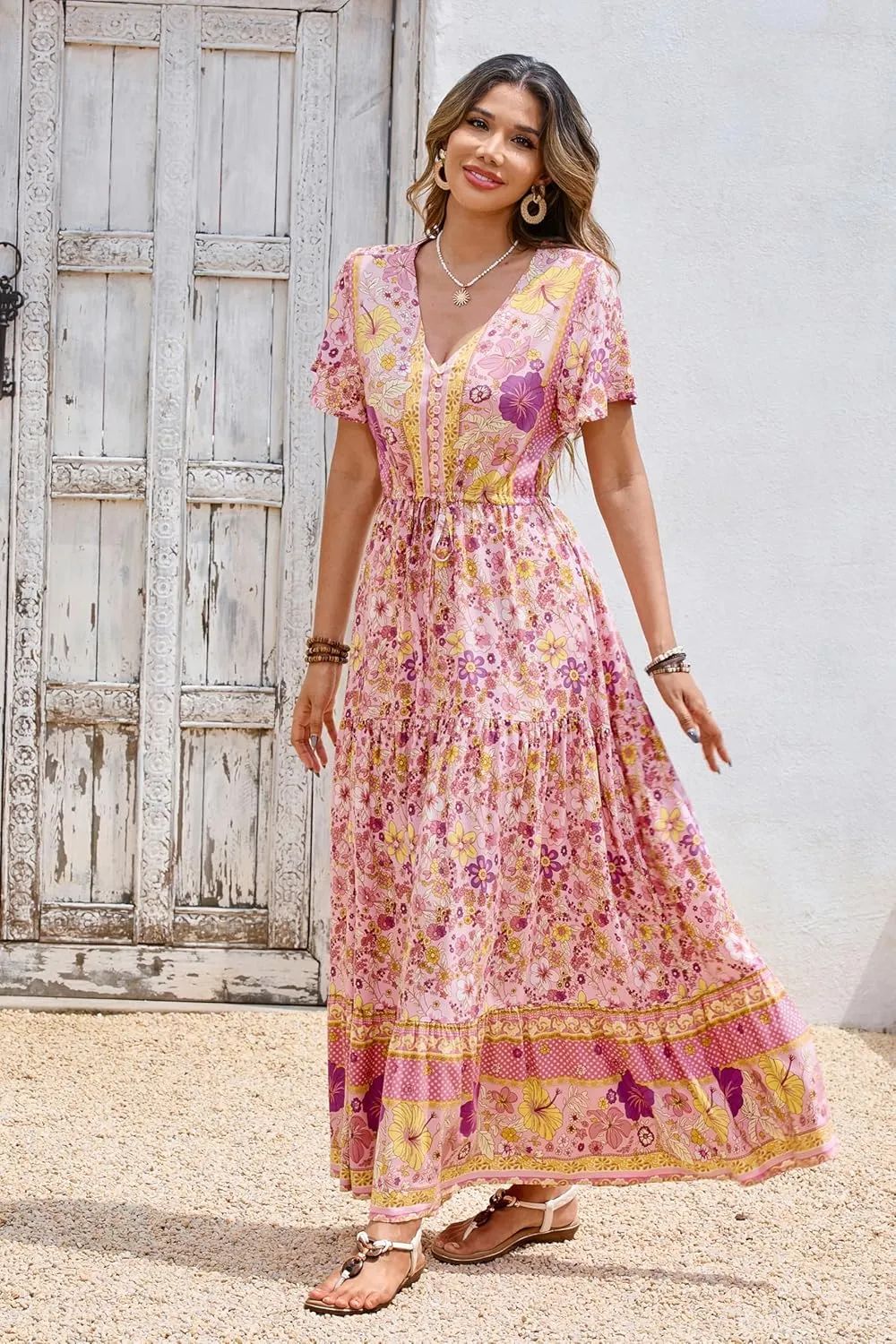 R.Vivimos Womens Summer Floral Print Cotton Short Sleeve Flowy Dress