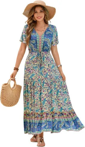 R.Vivimos Womens Summer Floral Print Cotton Short Sleeve Flowy Dress