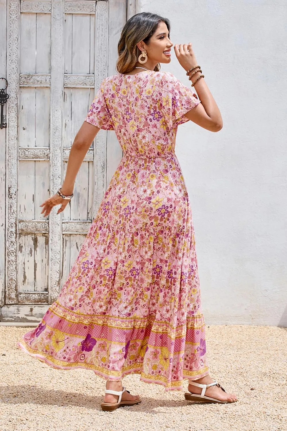 R.Vivimos Womens Summer Floral Print Cotton Short Sleeve Flowy Dress