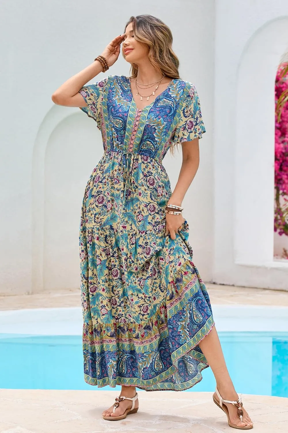 R.Vivimos Womens Summer Floral Print Cotton Short Sleeve Flowy Dress