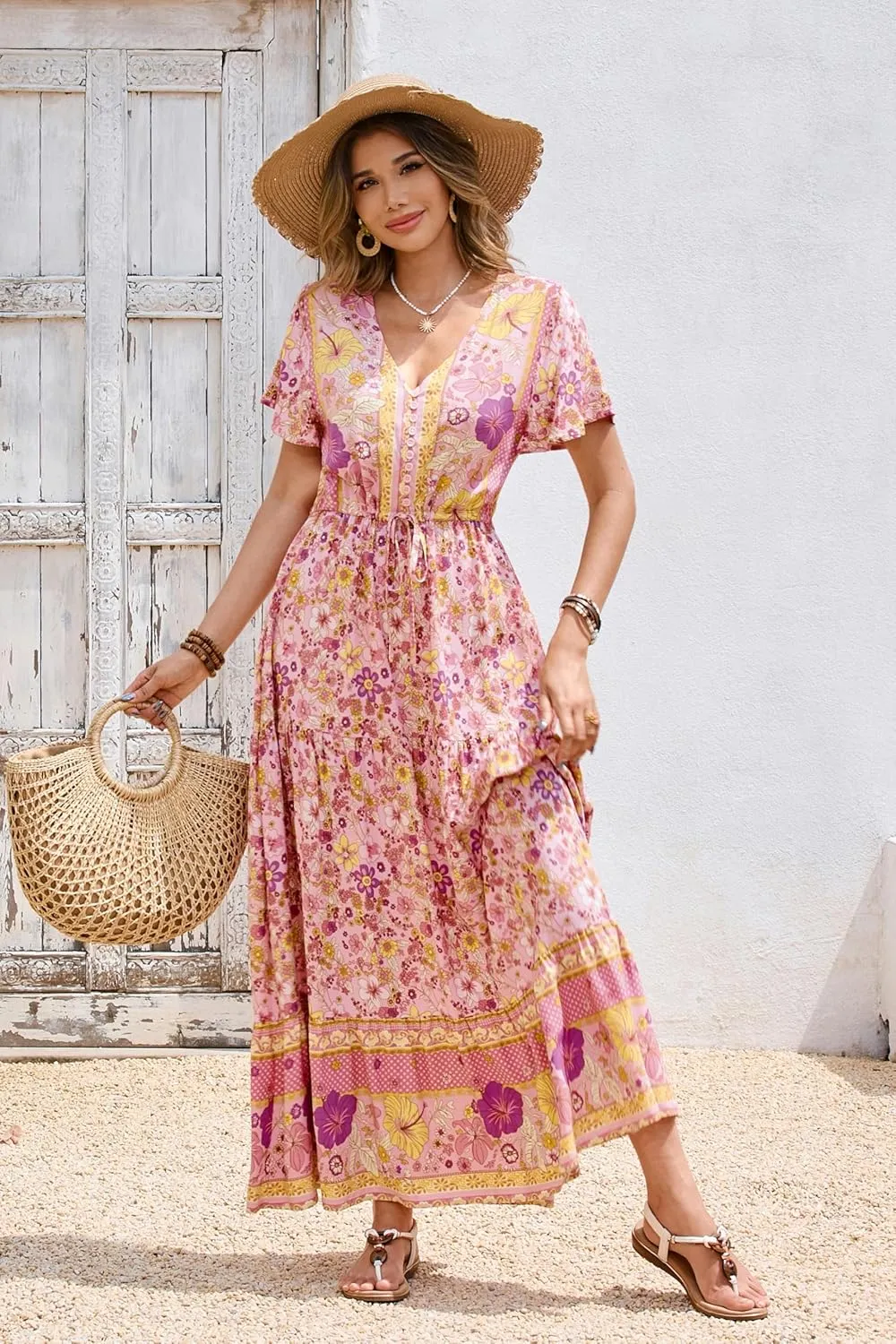 R.Vivimos Womens Summer Floral Print Cotton Short Sleeve Flowy Dress