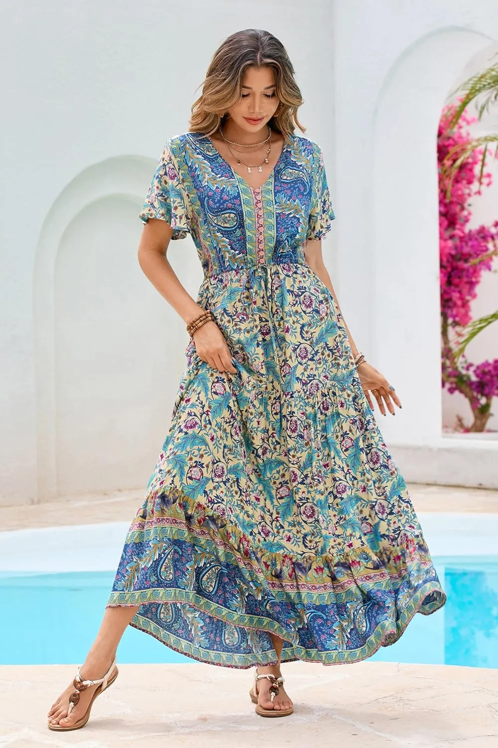 R.Vivimos Womens Summer Floral Print Cotton Short Sleeve Flowy Dress