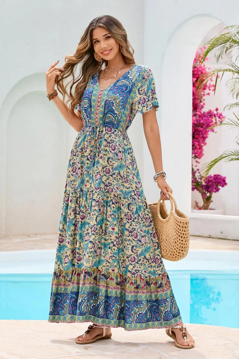 R.Vivimos Womens Summer Floral Print Cotton Short Sleeve Flowy Dress