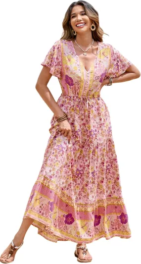R.Vivimos Womens Summer Floral Print Cotton Short Sleeve Flowy Dress