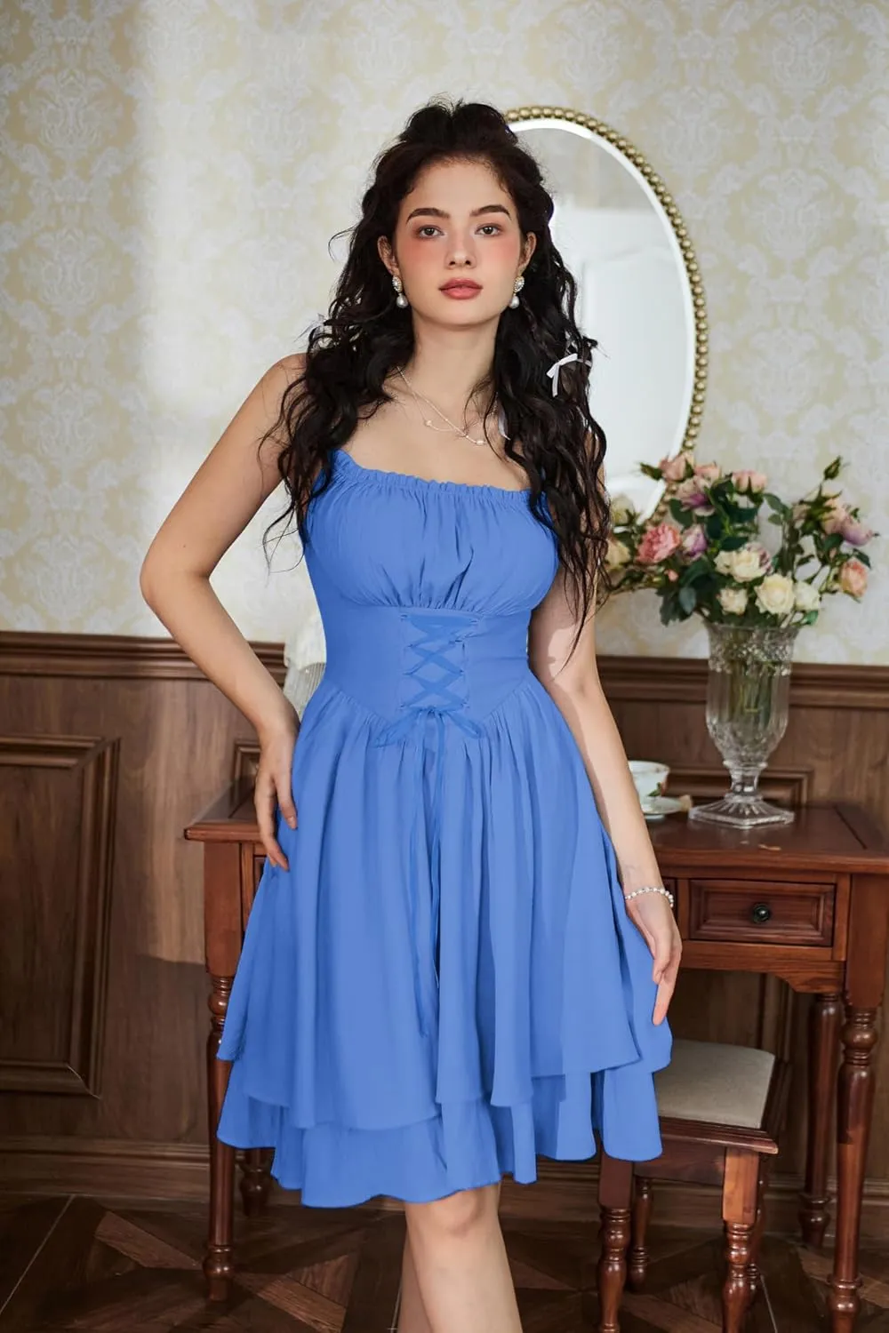 Scarlet Darkness Renaissance Dress Women Chiffon Spaghetti Strap Corset Dress