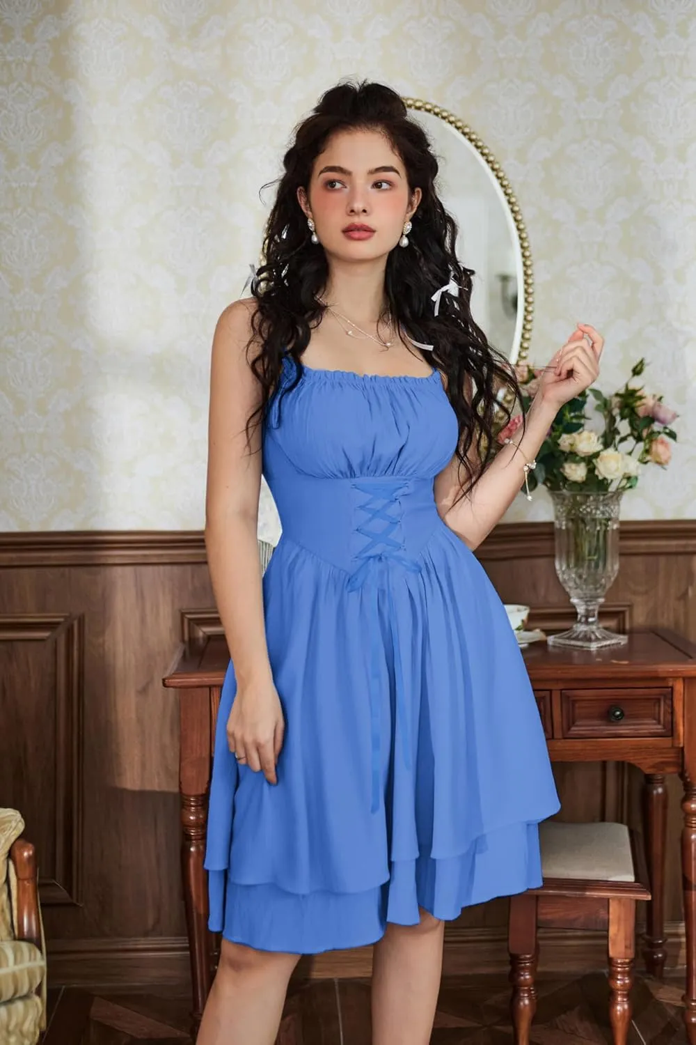 Scarlet Darkness Renaissance Dress Women Chiffon Spaghetti Strap Corset Dress