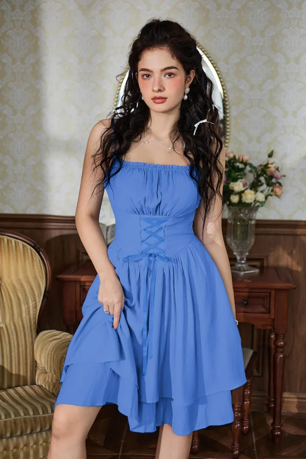 Scarlet Darkness Renaissance Dress Women Chiffon Spaghetti Strap Corset Dress
