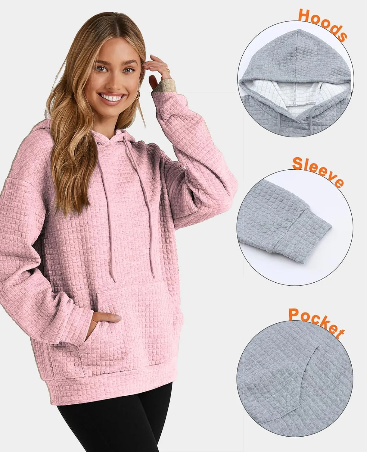 SELINK Hoodies For Women Casual Pullover Waffle Long Sleeve Drawstring Hooded Sweatshirt with Pocket
