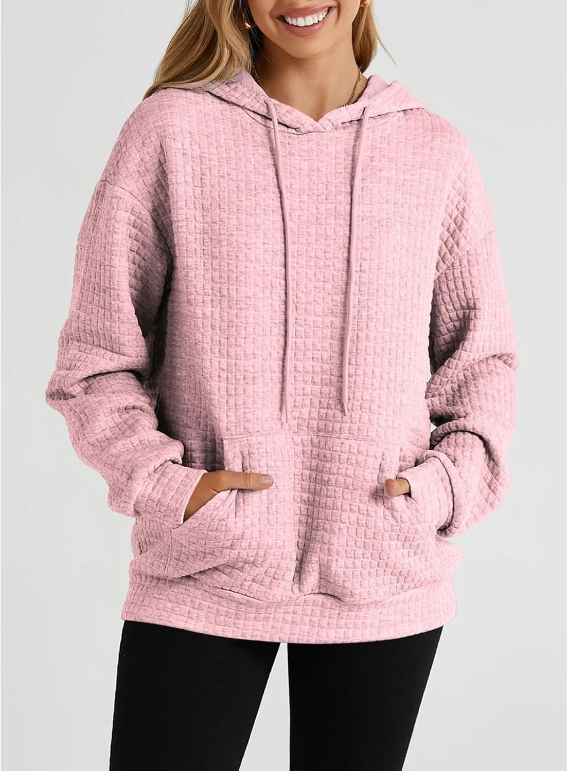 SELINK Hoodies For Women Casual Pullover Waffle Long Sleeve Drawstring Hooded Sweatshirt with Pocket