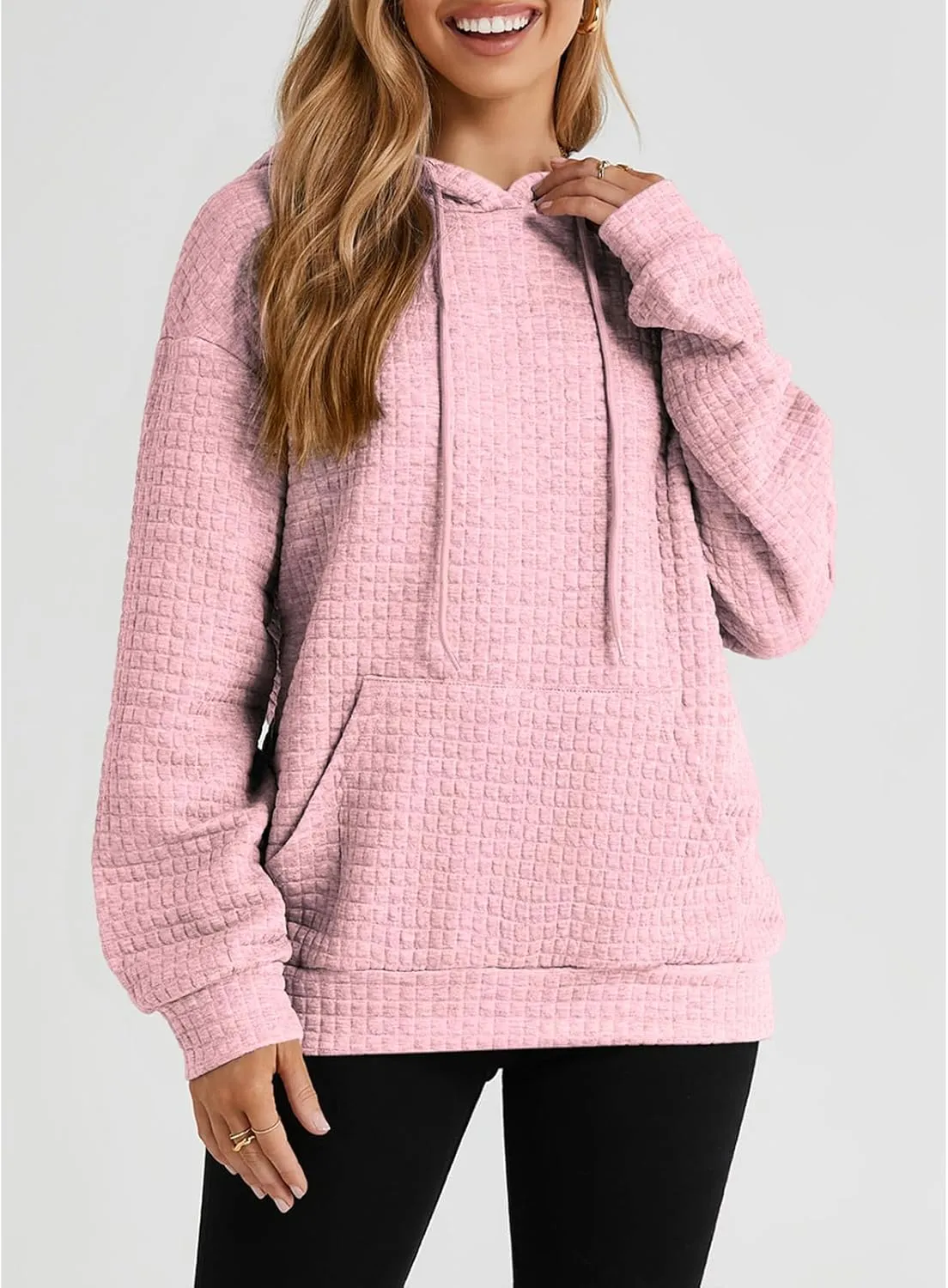SELINK Hoodies For Women Casual Pullover Waffle Long Sleeve Drawstring Hooded Sweatshirt with Pocket