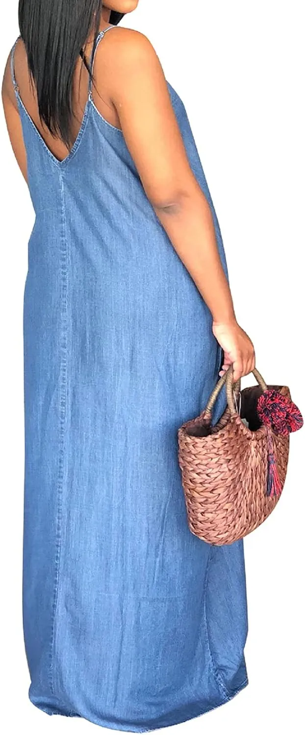 SeNight Women's Sexy Maxi Denim Dresses Casual Spaghetti Strap Striped Long Sundress Wiht Pockets
