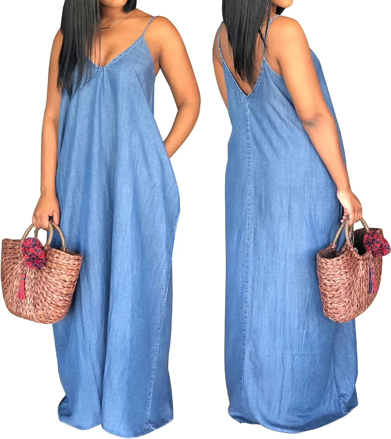 SeNight Women's Sexy Maxi Denim Dresses Casual Spaghetti Strap Striped Long Sundress Wiht Pockets