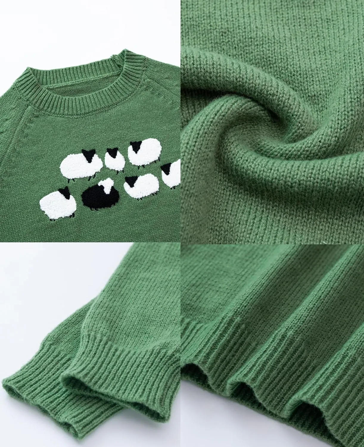 Sheep Sweater for Women Teenagers Green Crew Neck Knitted Vintage Pullover