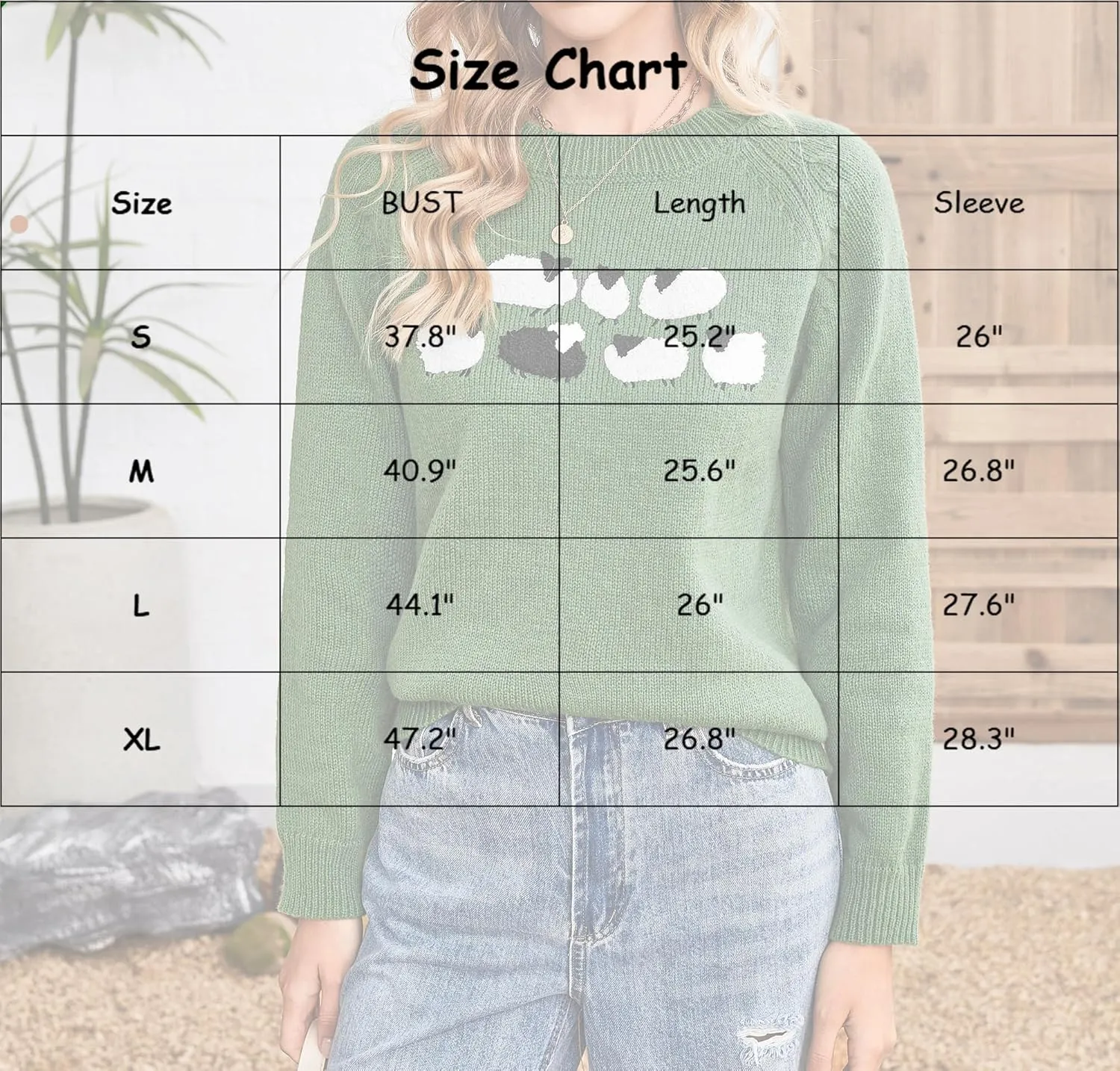 Sheep Sweater for Women Teenagers Green Crew Neck Knitted Vintage Pullover