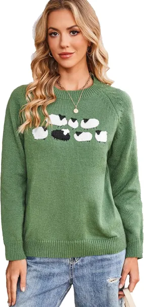 Sheep Sweater for Women Teenagers Green Crew Neck Knitted Vintage Pullover