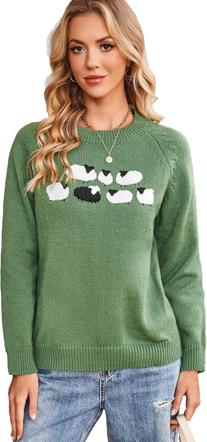 Sheep Sweater for Women Teenagers Green Crew Neck Knitted Vintage Pullover