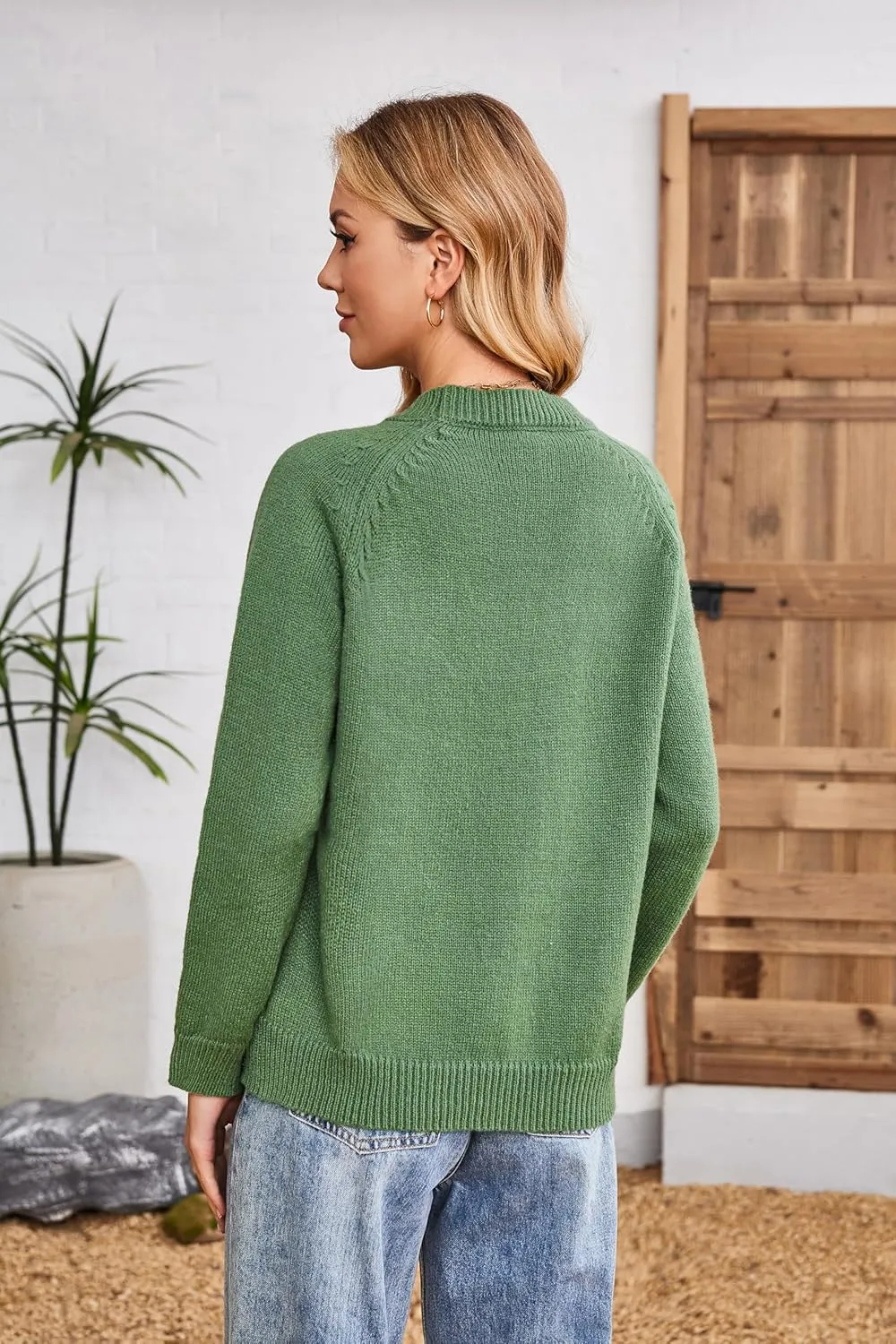 Sheep Sweater for Women Teenagers Green Crew Neck Knitted Vintage Pullover