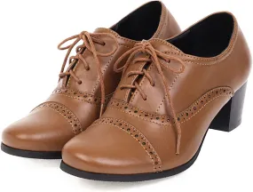 SHEMEE Women's Chunky Lace Up Vintage Oxfords Dress Pumps Round Toe Block Mid Heels Retro Brogues Shoes