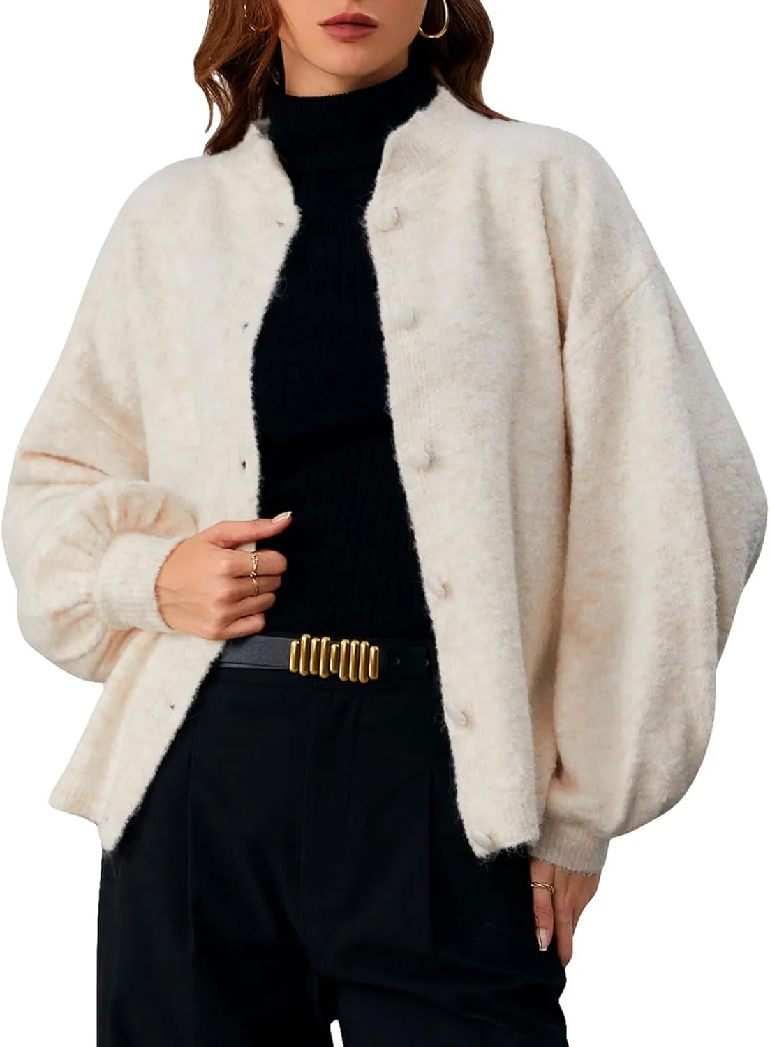 SHENHE Women's Button Front Oversized Cardigan Lantern Sleeve Drop Shoulder Loose Cardigan Sweater