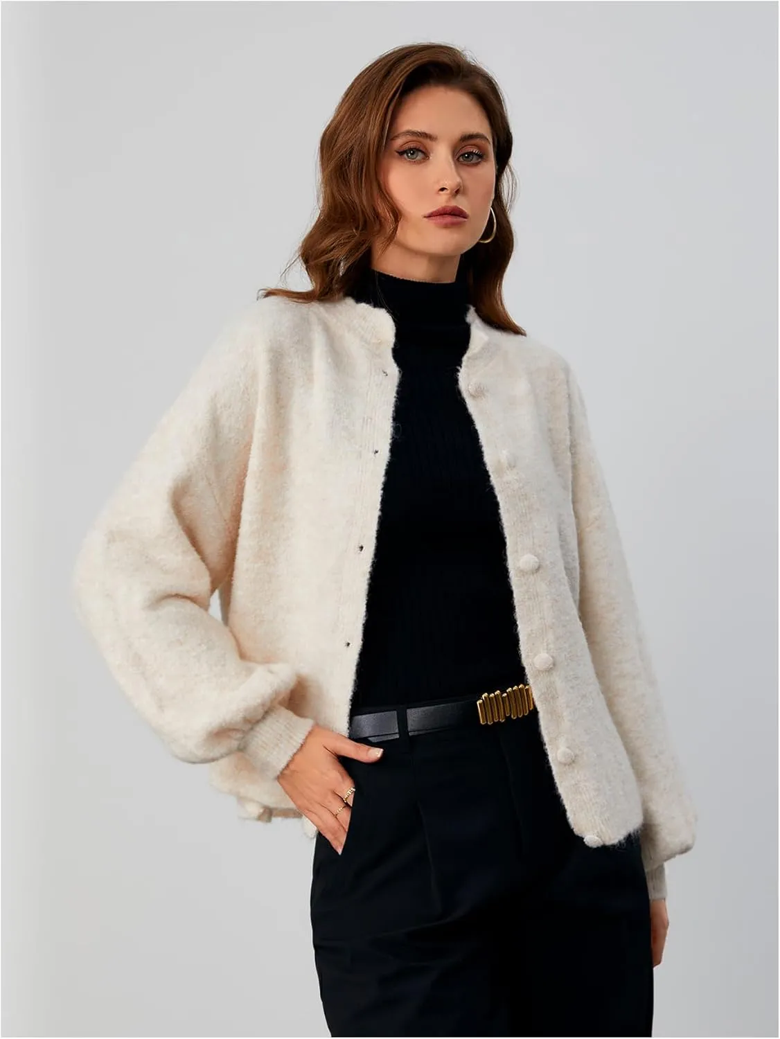 SHENHE Women's Button Front Oversized Cardigan Lantern Sleeve Drop Shoulder Loose Cardigan Sweater