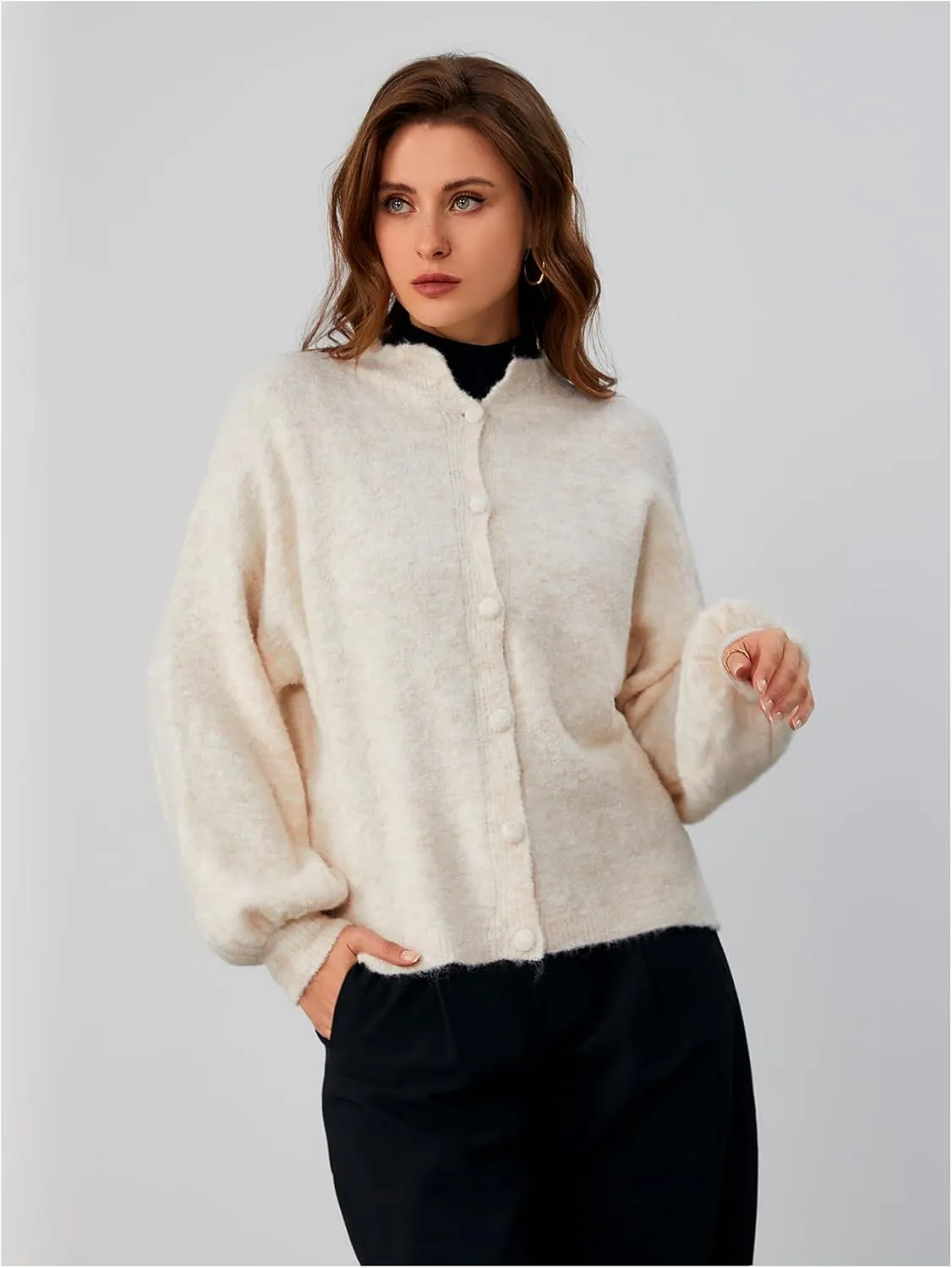SHENHE Women's Button Front Oversized Cardigan Lantern Sleeve Drop Shoulder Loose Cardigan Sweater