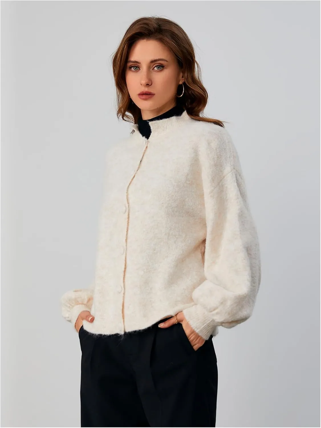 SHENHE Women's Button Front Oversized Cardigan Lantern Sleeve Drop Shoulder Loose Cardigan Sweater