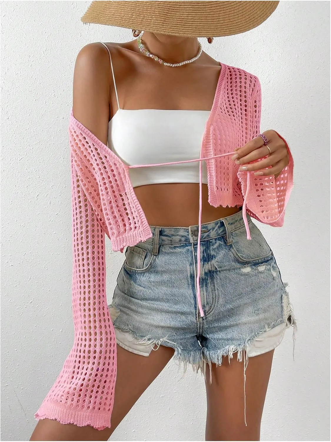 SHENHE Women's Tie Front Tops Bell Long Sleeve Knit Crochet Cardigan Crop Top