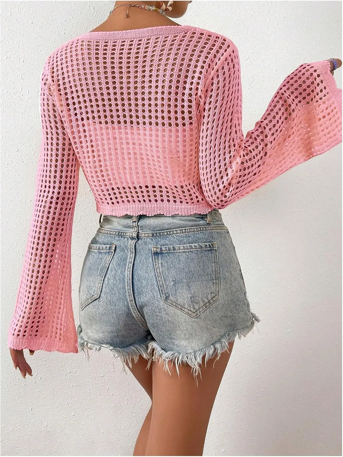 SHENHE Women's Tie Front Tops Bell Long Sleeve Knit Crochet Cardigan Crop Top