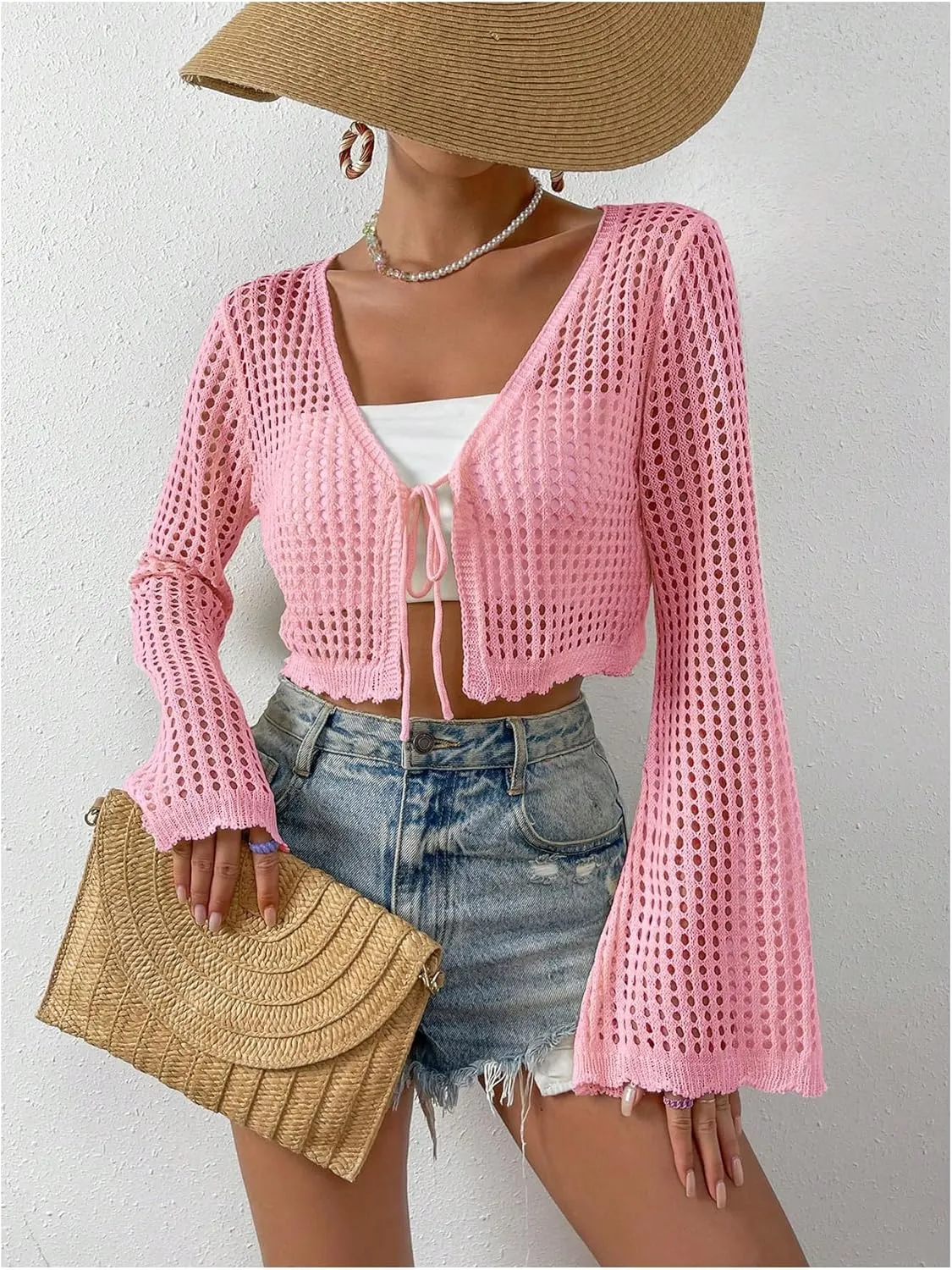 SHENHE Women's Tie Front Tops Bell Long Sleeve Knit Crochet Cardigan Crop Top