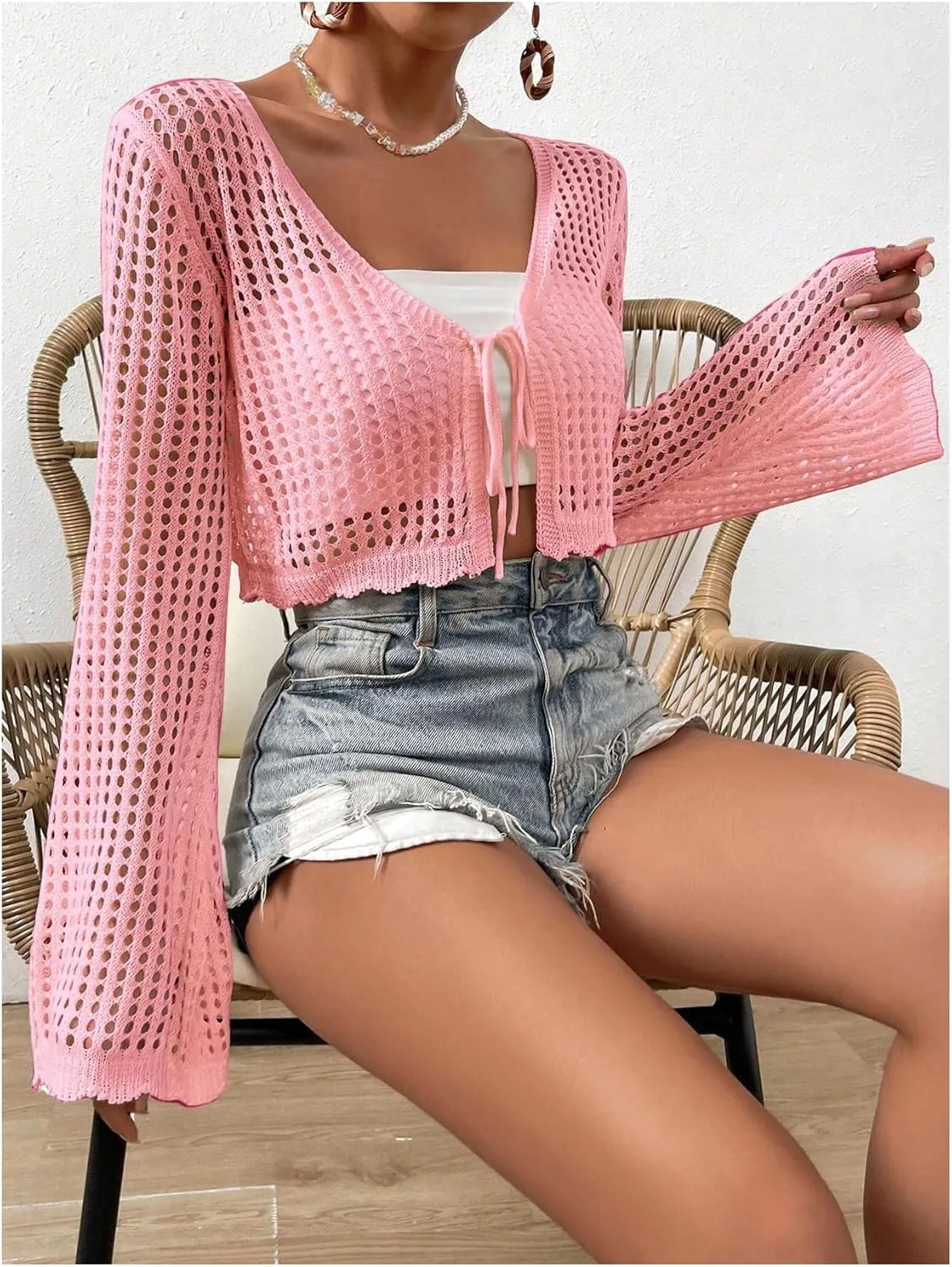 SHENHE Women's Tie Front Tops Bell Long Sleeve Knit Crochet Cardigan Crop Top