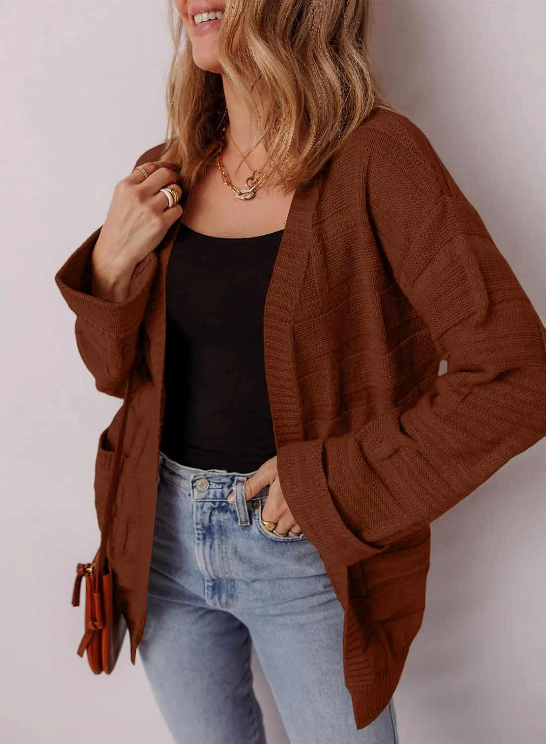 SHEWIN Women's Open Front Lightweight Cardigan Casual Long Sleeve Knit Loose Sweaters Outwear