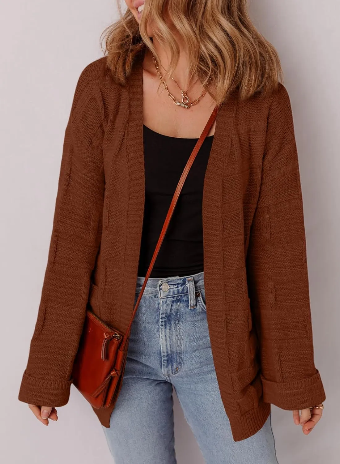 SHEWIN Women's Open Front Lightweight Cardigan Casual Long Sleeve Knit Loose Sweaters Outwear