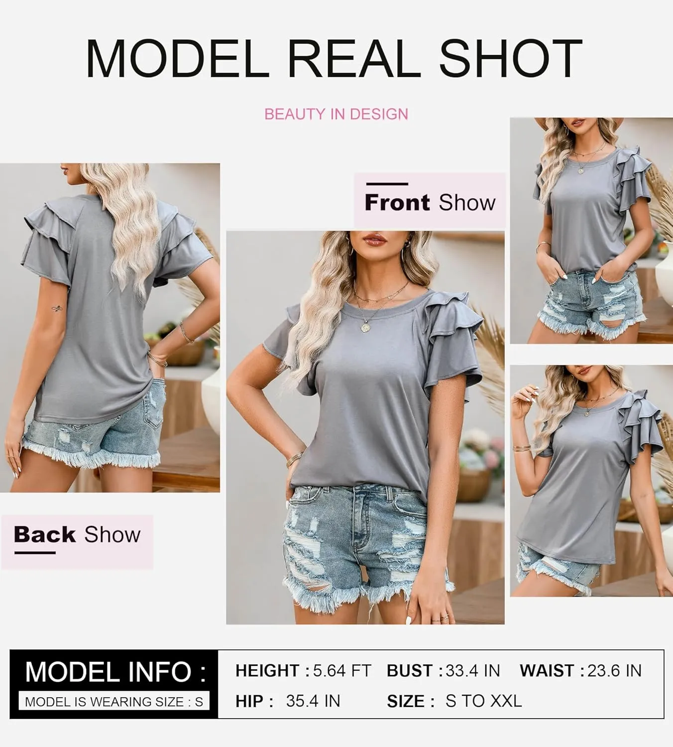SHEWIN Womens Summer Tops Ruffle Short Sleeve T Shirts Casual Slim Fit