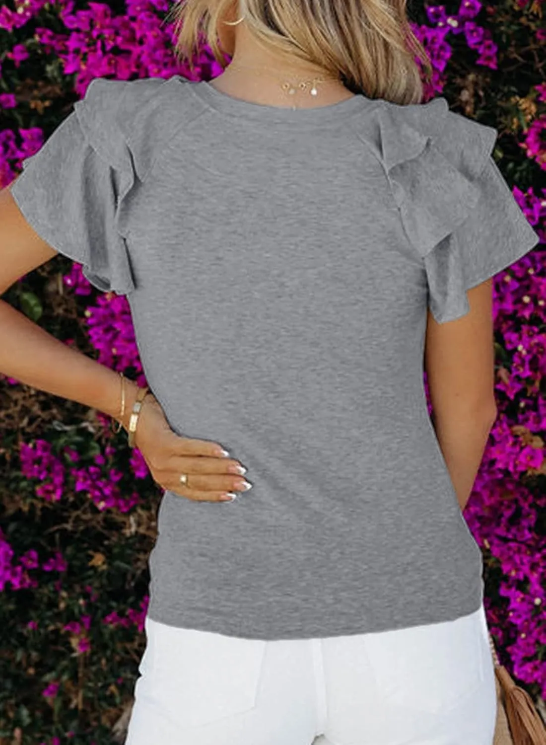 SHEWIN Womens Summer Tops Ruffle Short Sleeve T Shirts Casual Slim Fit