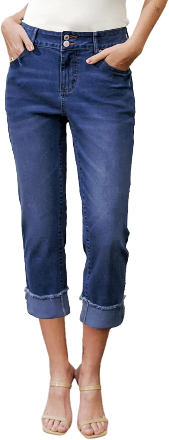Sidefeel Women's Capri Jeans High Waisted Stretchy Roll-up Skinny Cuffed Cropped Zimbaplatinum Summer Capri Pants