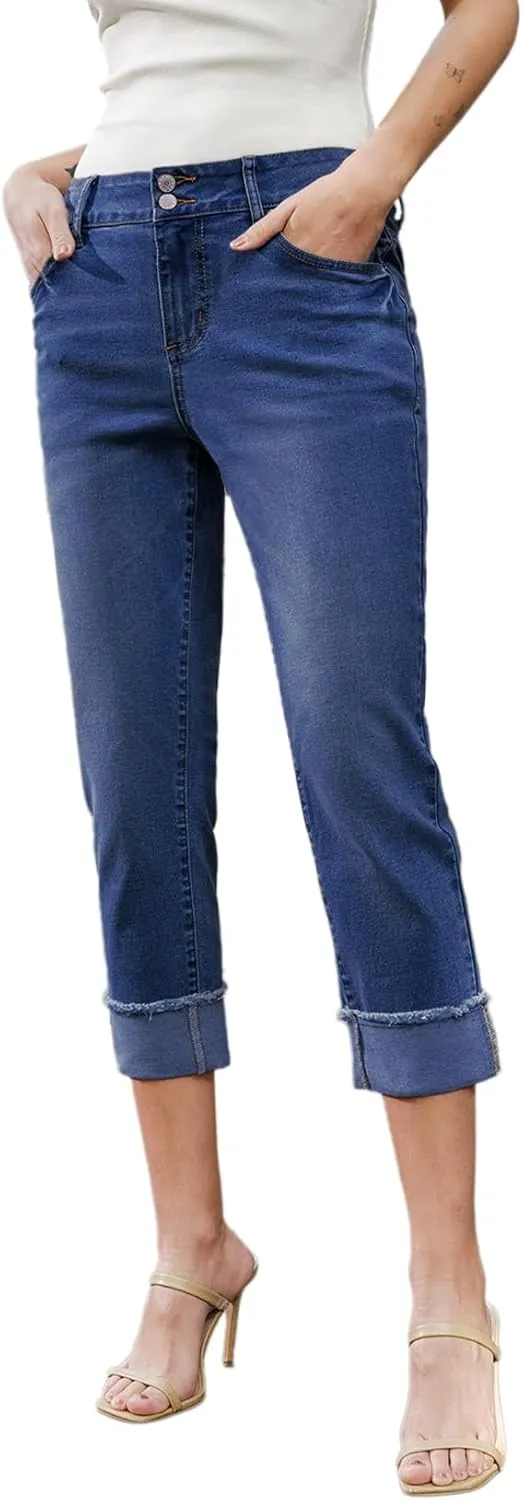 Sidefeel Women's Capri Jeans High Waisted Stretchy Roll-up Skinny Cuffed Cropped Zimbaplatinum Summer Capri Pants