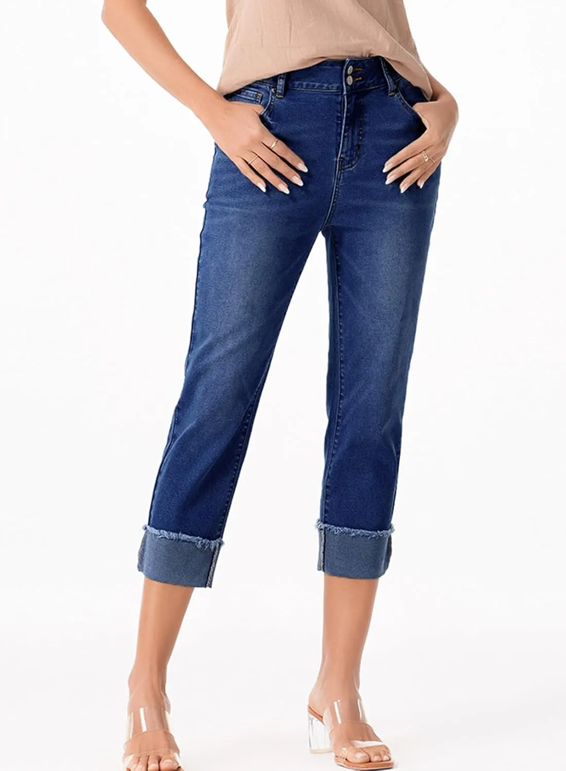 Sidefeel Women's Capri Jeans High Waisted Stretchy Roll-up Skinny Cuffed Cropped Zimbaplatinum Summer Capri Pants