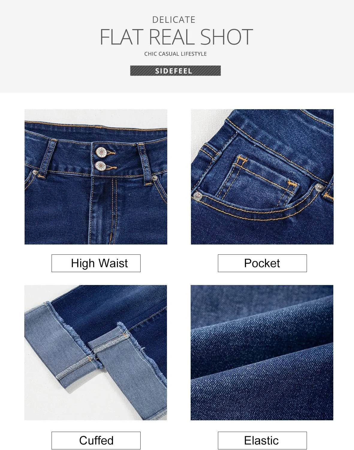 Sidefeel Women's Capri Jeans High Waisted Stretchy Roll-up Skinny Cuffed Cropped Zimbaplatinum Summer Capri Pants