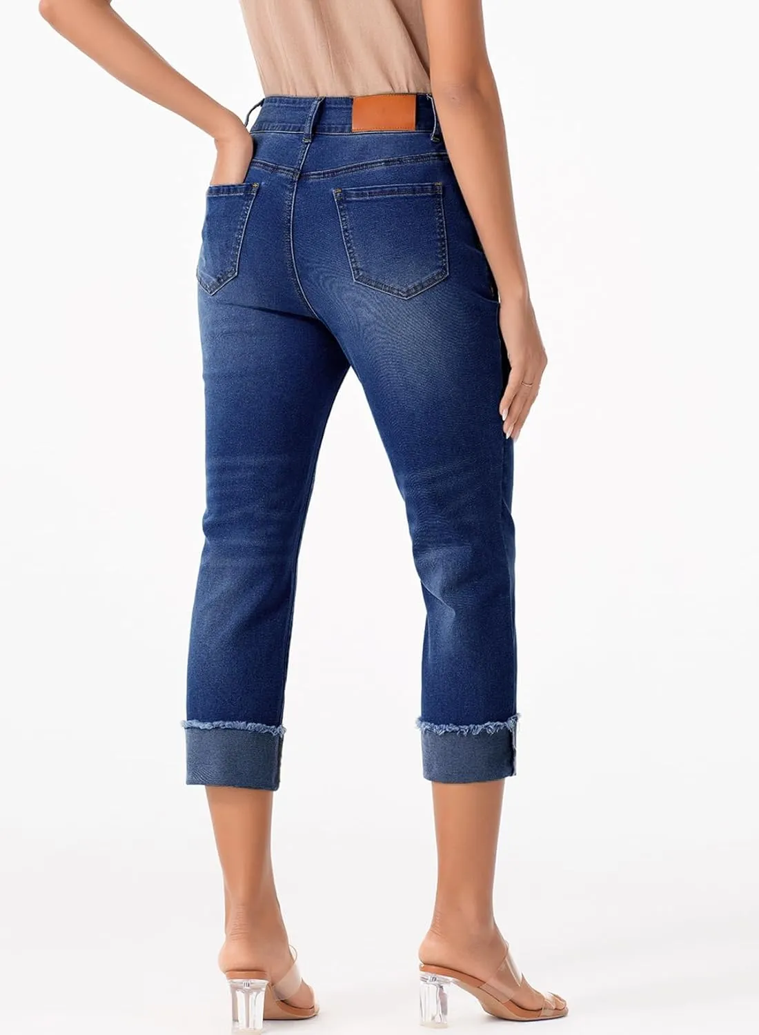 Sidefeel Women's Capri Jeans High Waisted Stretchy Roll-up Skinny Cuffed Cropped Zimbaplatinum Summer Capri Pants