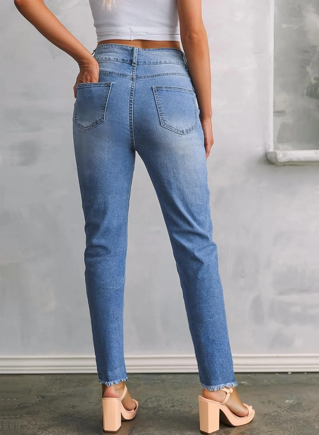 Sidefeel Women's High Waisted Jeans Strechy Fashion Raw Hem Straight Leg Ankle Denim Pants with Pockets