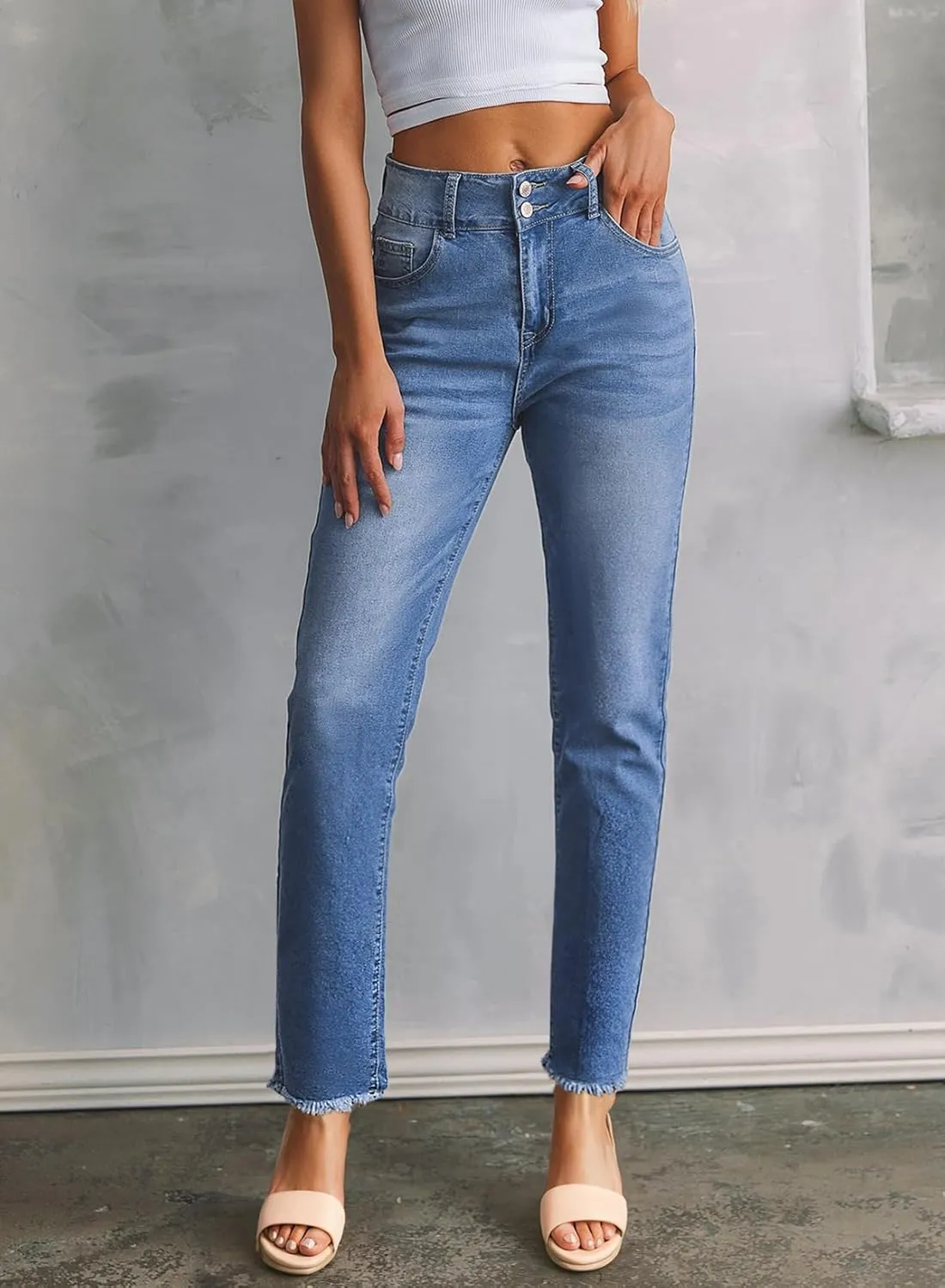 Sidefeel Women's High Waisted Jeans Strechy Fashion Raw Hem Straight Leg Ankle Denim Pants with Pockets