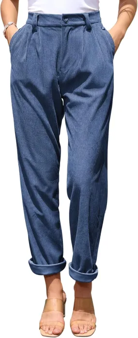siliteelon Corduroy Pants for Women Cotton Straight High Waist Vintage Trousers with Pockets